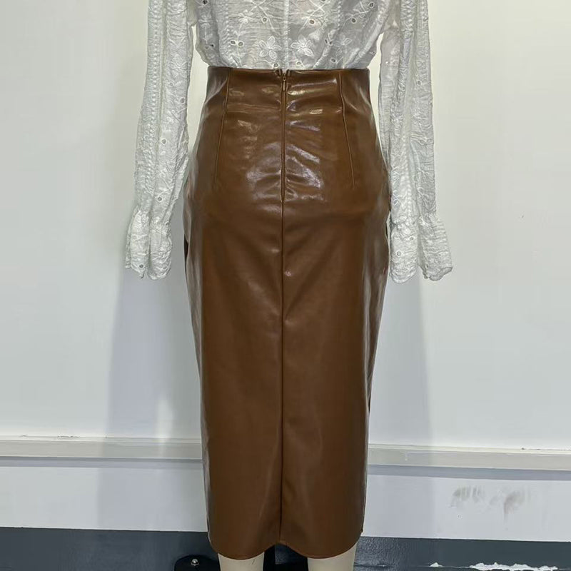 Shop Women's Faux Leather Bodycon Skirt - High Waisted Slim Fit Midi Skirt With Front Slit & Button Decor