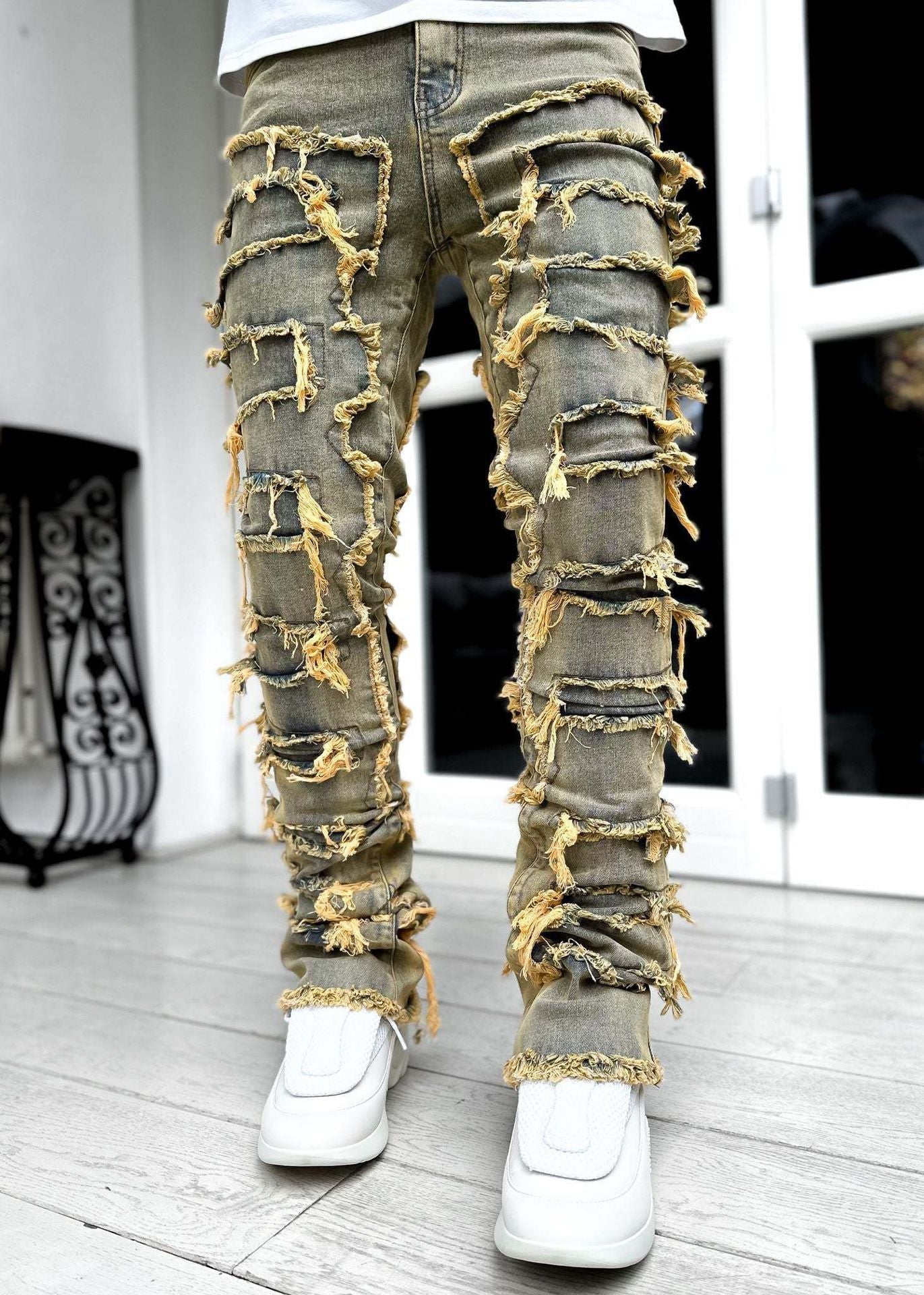 Shop Fringed Tight Fit Stacked Denim For Men