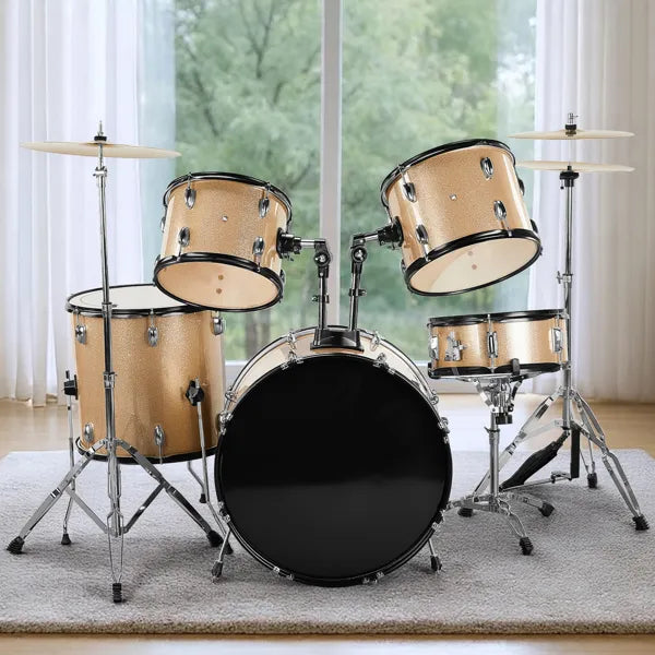 Full Size Adult Drum Set 5-Piece Champagne With Bass Drum, Two Tom Drum, Snare Drum, Floor Tom, Stool, Drum Pedal, Sticks