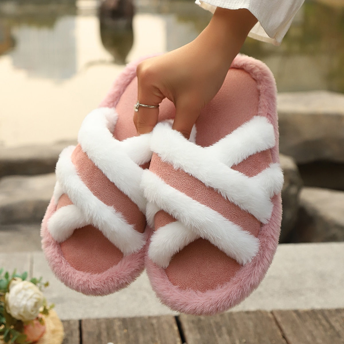 Shop Fluffy Slippers Cross Strap Stitching Warm Casual Platform Slippers