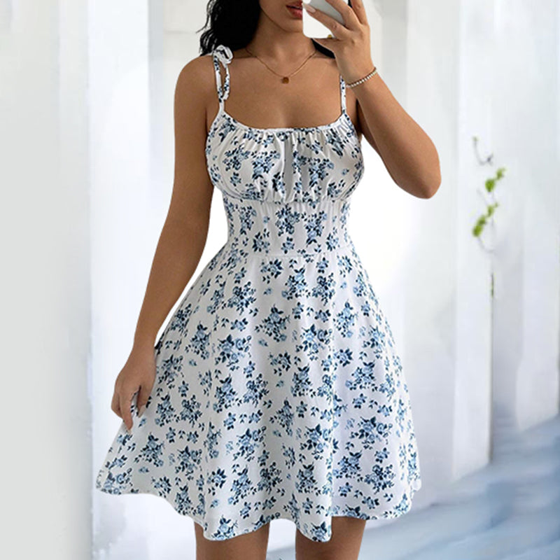 Womens Floral Mini Dress Spaghetti Strap Sleeveless Tie Shoulder Ruffle Boho Dresses