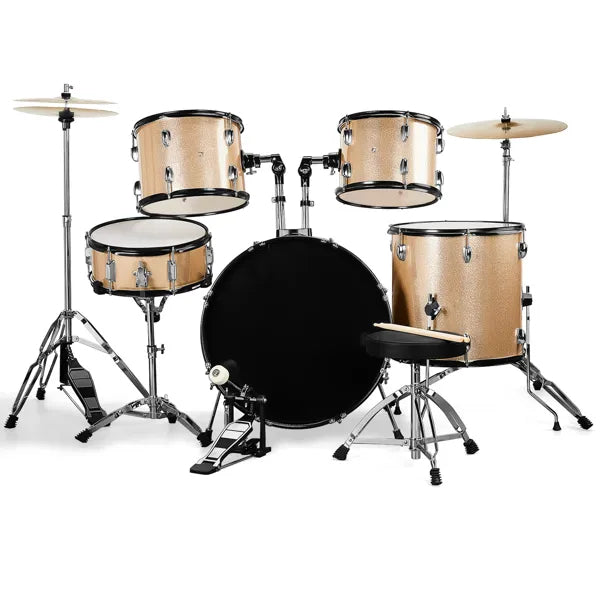Full Size Adult Drum Set 5-Piece Champagne With Bass Drum, Two Tom Drum, Snare Drum, Floor Tom, Stool, Drum Pedal, Sticks