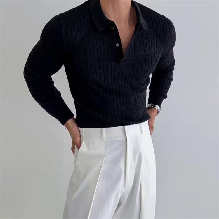 Shop Men's Lapel Button Long Sleeve Polo Shirt