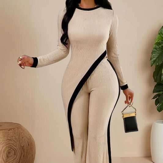 Shop Women's Elegant Round-neck Two-piece Long-sleeved Pants With Decorative Edges For Spring & Fall