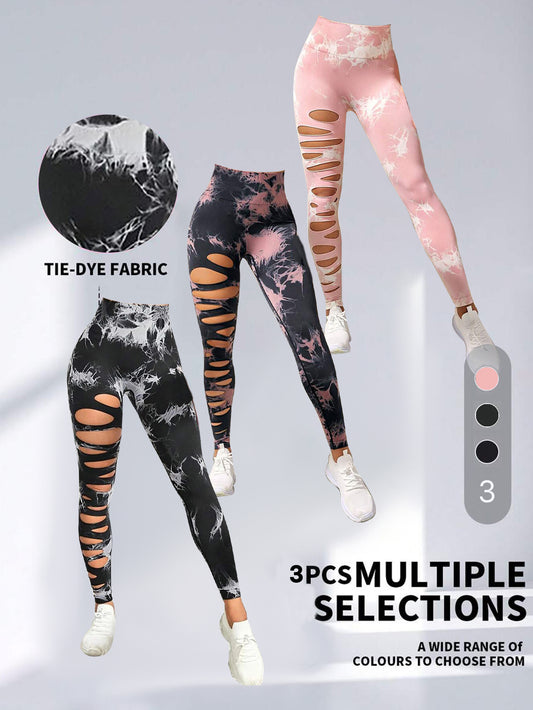 Shop 3 Pack Women's Tie Dye Cutout Skinny Leggings High Waist