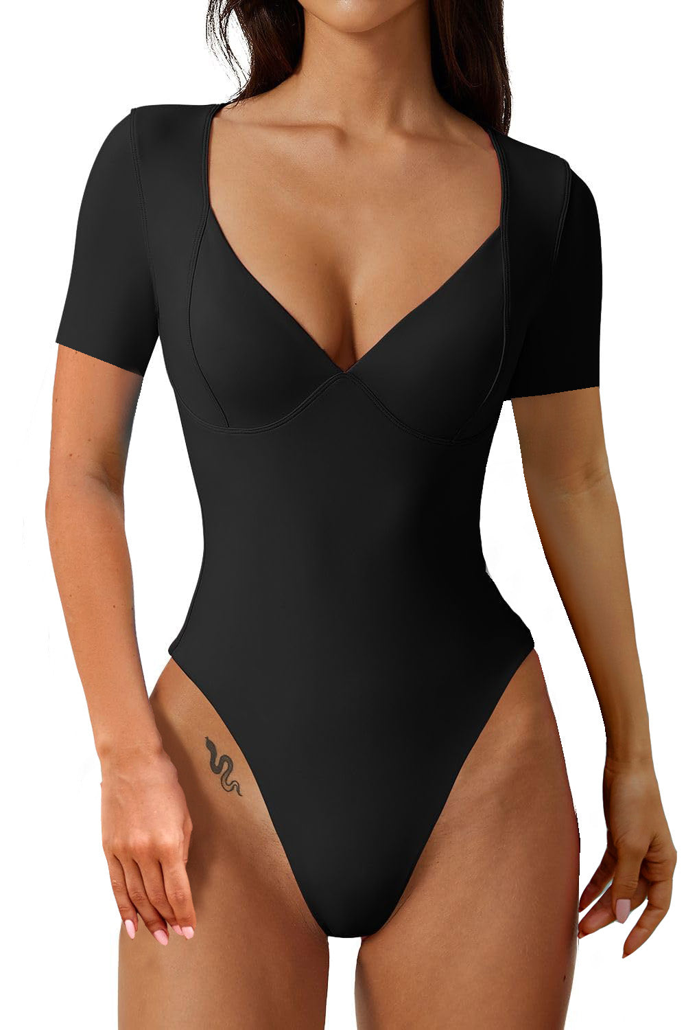 Shop Women's Short Sleeve Bodysuit V Neck Seamed Cup Going Out Tops