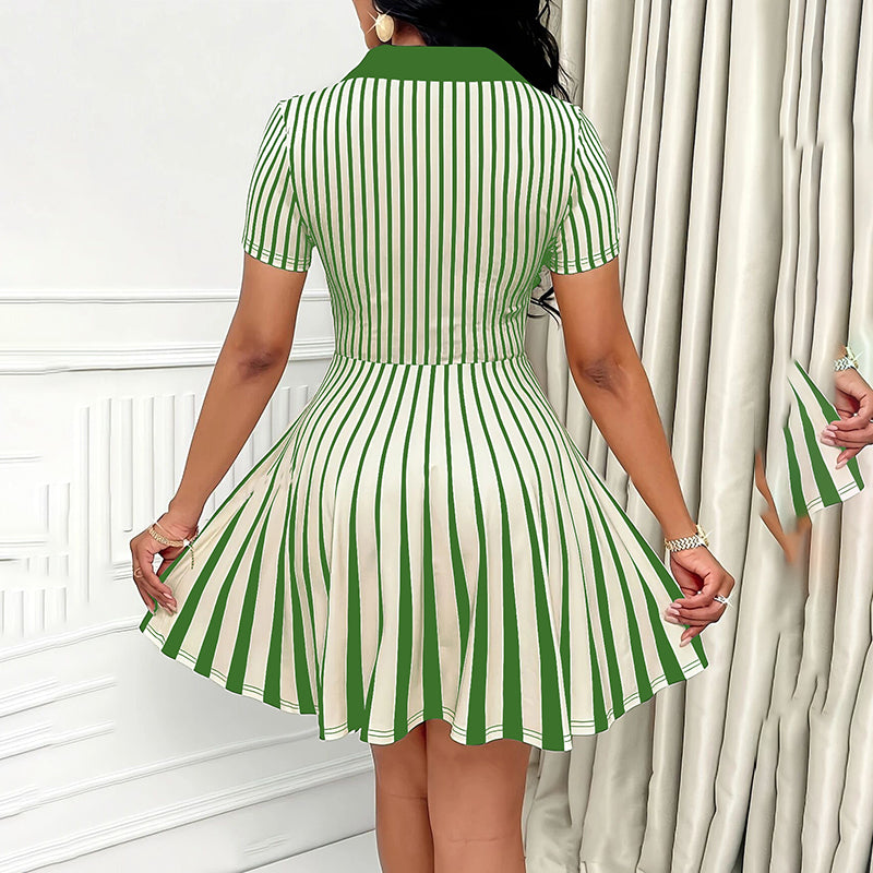 Women's Polo Dress Elegant Striped V Neck Short Sleeve A Line Dresses