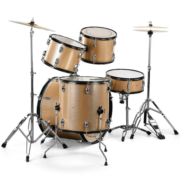Full Size Adult Drum Set 5-Piece Champagne With Bass Drum, Two Tom Drum, Snare Drum, Floor Tom, Stool, Drum Pedal, Sticks