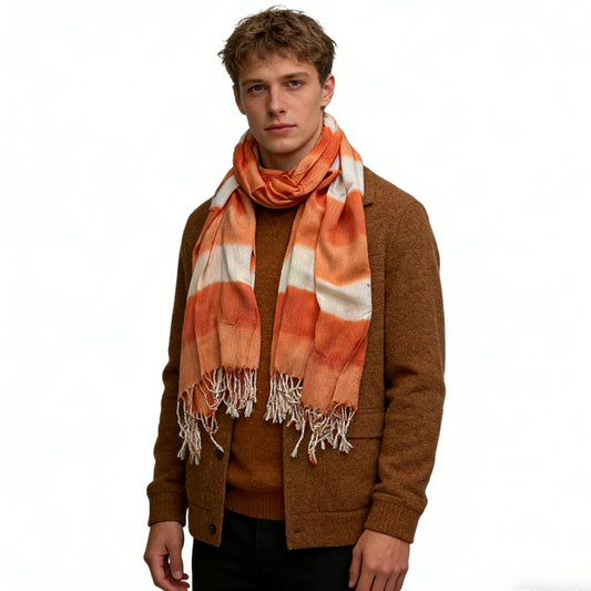 Shop 2pcs Coral Toned Abstract,Flowy Casual Scarf ,Orange Red Printed,Fringed Edges Women & Men