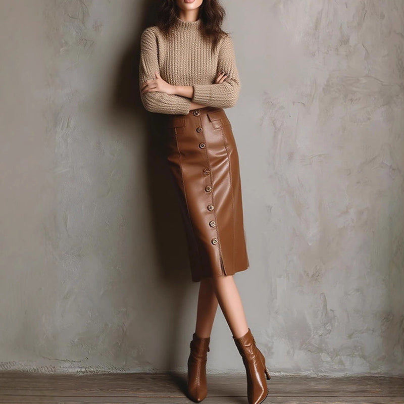 Shop Women's Faux Leather Bodycon Skirt - High Waisted Slim Fit Midi Skirt With Front Slit & Button Decor
