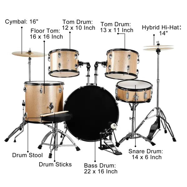 Full Size Adult Drum Set 5-Piece Champagne With Bass Drum, Two Tom Drum, Snare Drum, Floor Tom, Stool, Drum Pedal, Sticks