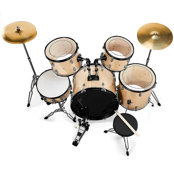 Full Size Adult Drum Set 5-Piece Champagne With Bass Drum, Two Tom Drum, Snare Drum, Floor Tom, Stool, Drum Pedal, Sticks
