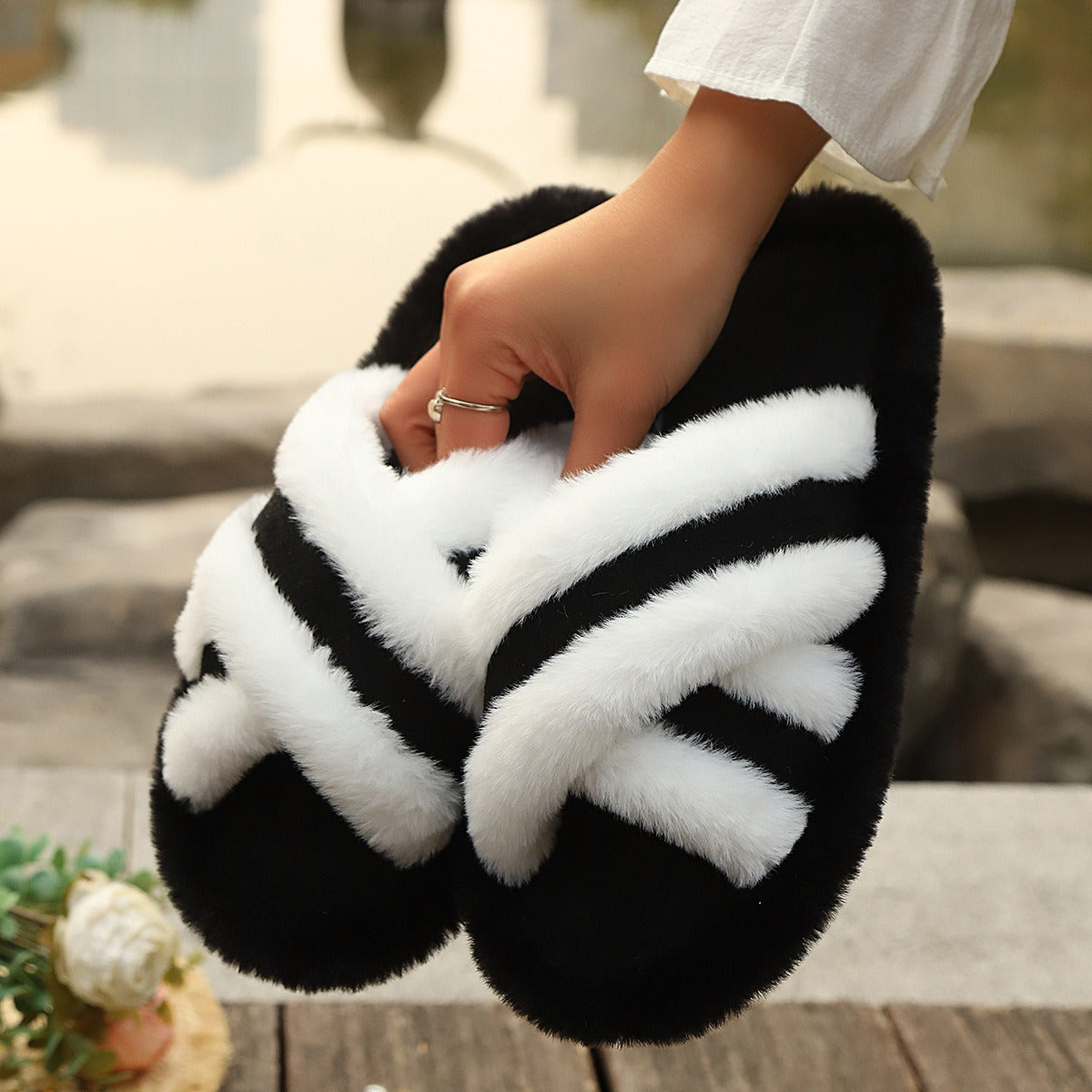 Shop Fluffy Slippers Cross Strap Stitching Warm Casual Platform Slippers