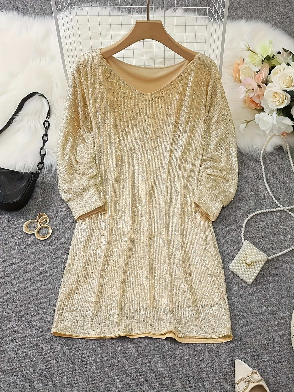 Shop Vibrant Bodycon V-Neck Long Sleeve Sequin Dress - Party Wear For Women