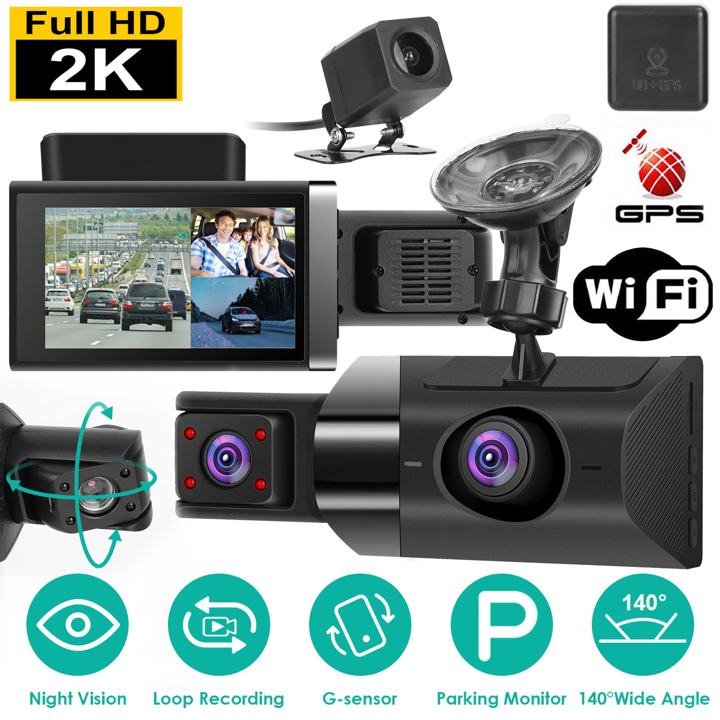 Shop 2K Car DVR 3 Channel Dash Cam Camcorder Camera Recorder GPS WiFi Night Vision G-sensor