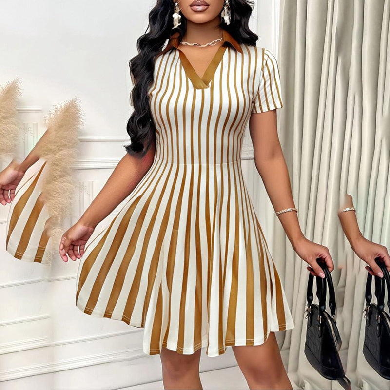 Shop Women's Polo Dress Elegant Striped V Neck Short Sleeve A Line Dresses