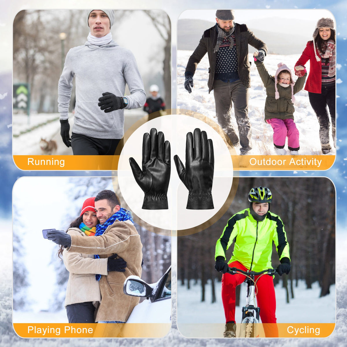 Shop Black Leather Gloves Windproof High Quality For Outdoor Cycling Skiing Running Motorbike