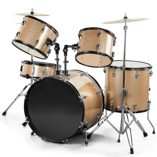 Full Size Adult Drum Set 5-Piece Champagne With Bass Drum, Two Tom Drum, Snare Drum, Floor Tom, Stool, Drum Pedal, Sticks