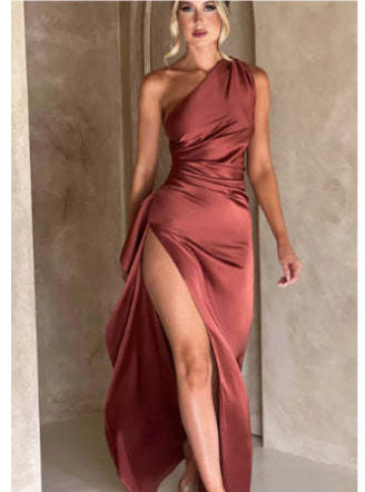 Shop One-shoulder Backless Satin Slit Dress