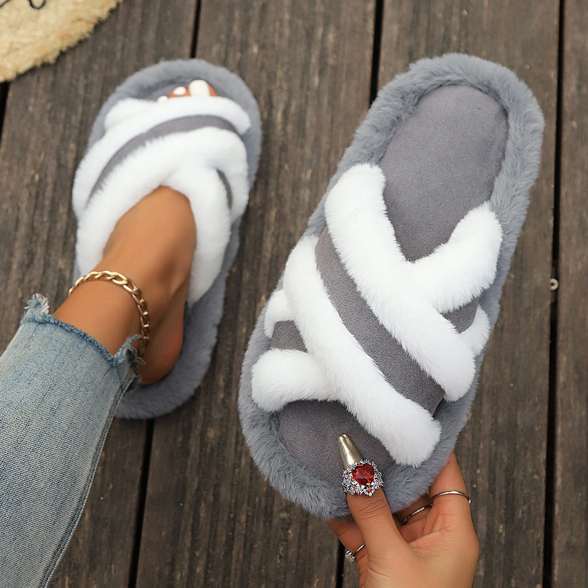 Shop Fluffy Slippers Cross Strap Stitching Warm Casual Platform Slippers