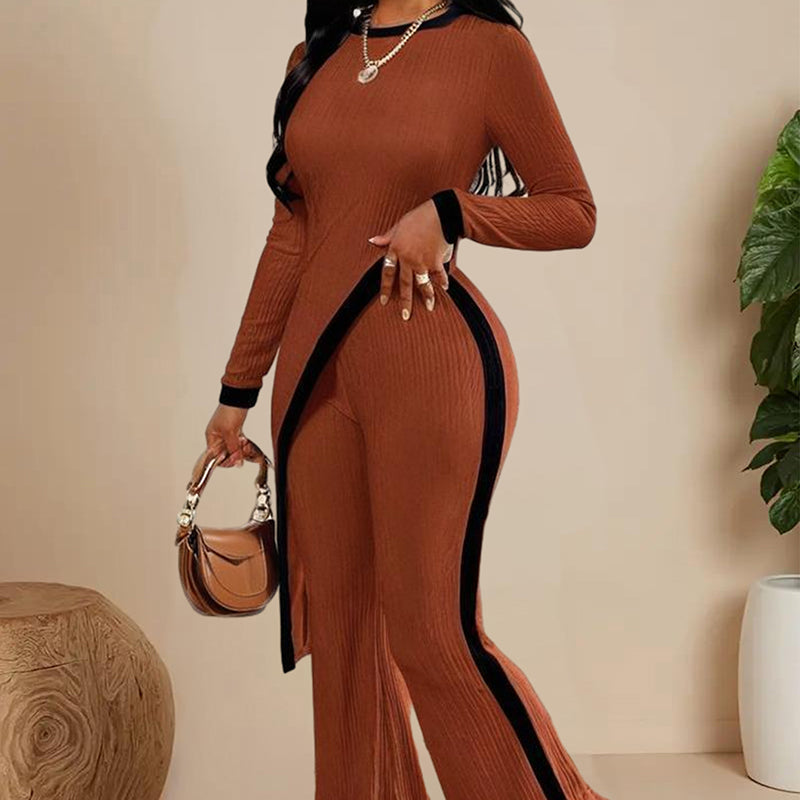 Shop Women's Elegant Round-neck Two-piece Long-sleeved Pants With Decorative Edges For Spring & Fall
