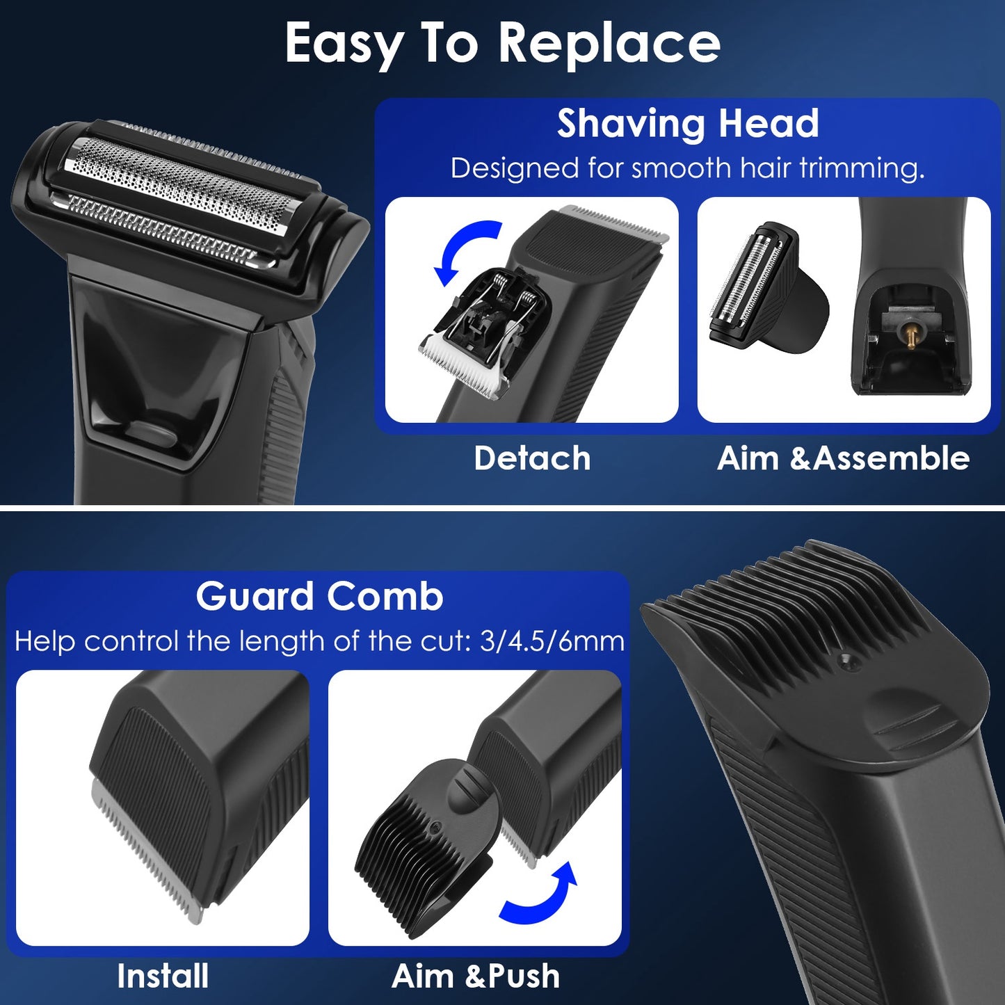 Shop 1Pc 2 In 1 Electric Body Razor For Men Cordless Waterproof With LED Light LCD Display Guard