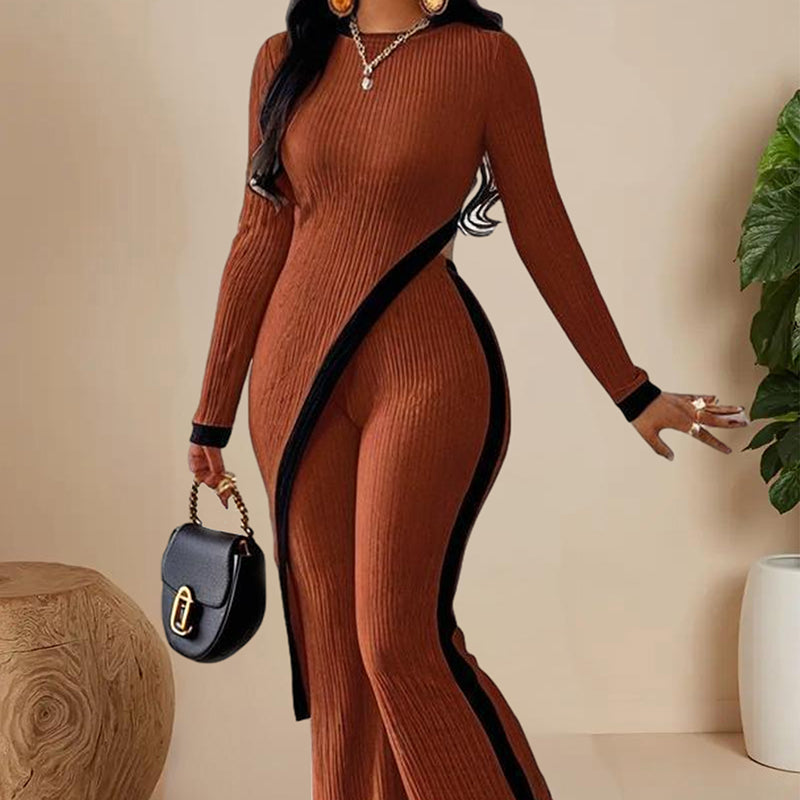 Shop Women's Elegant Round-neck Two-piece Long-sleeved Pants With Decorative Edges For Spring & Fall