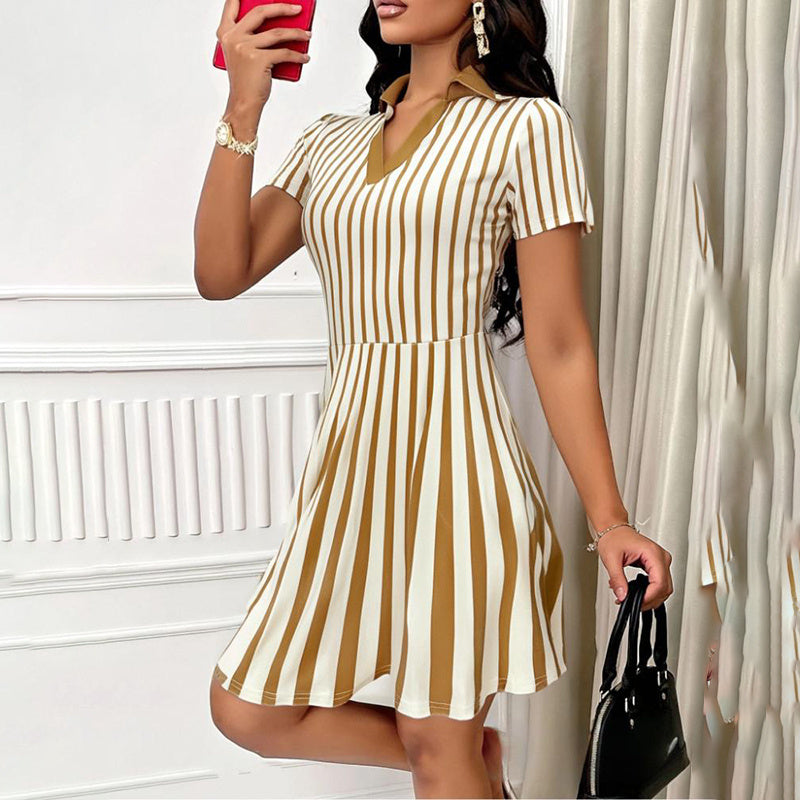 Shop Women's Polo Dress Elegant Striped V Neck Short Sleeve A Line Dresses