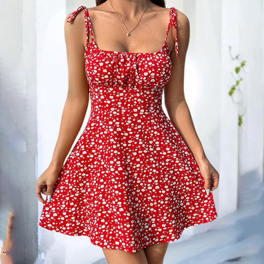 Shop Womens Floral Mini Dress Spaghetti Strap Sleeveless Tie Shoulder Ruffle Boho Dresses