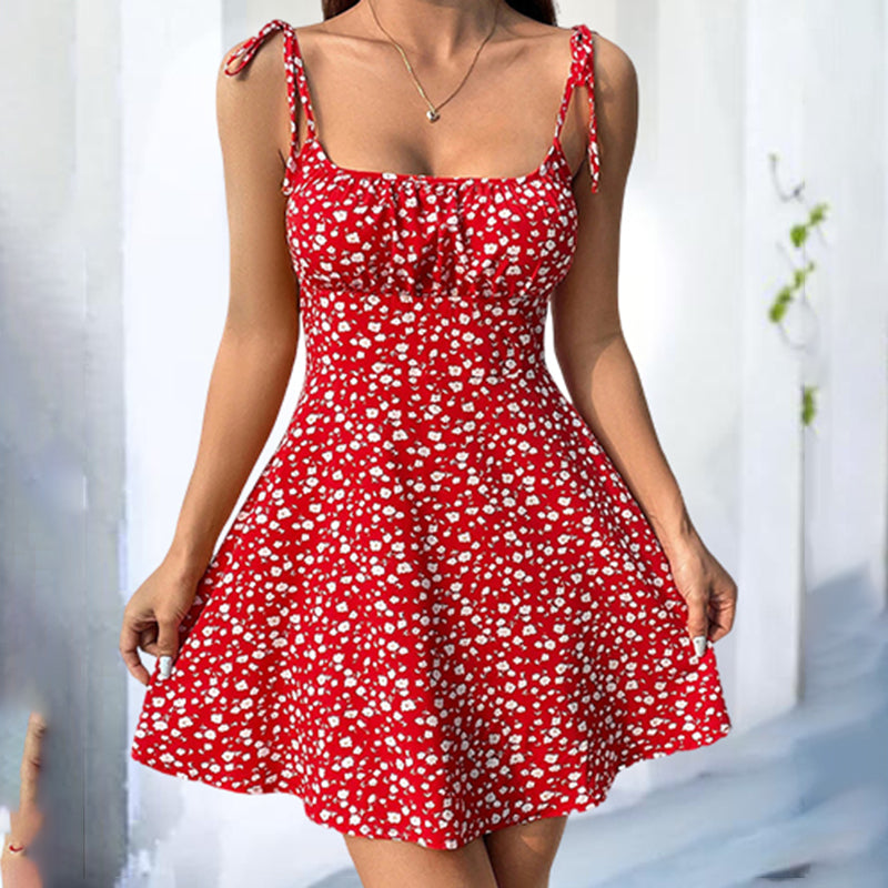 Shop Womens Floral Mini Dress Spaghetti Strap Sleeveless Tie Shoulder Ruffle Boho Dresses