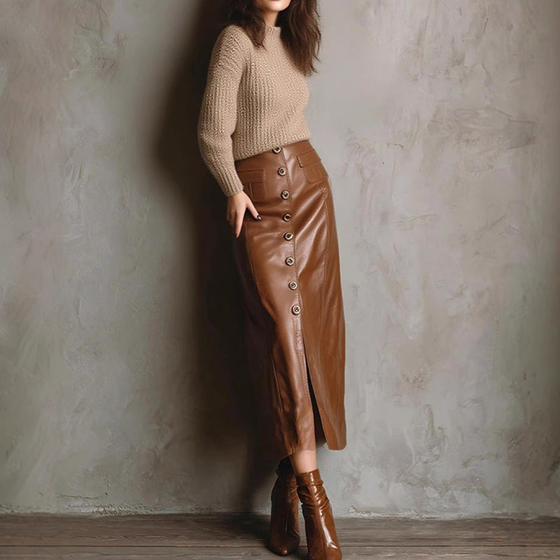 Shop Women's Faux Leather Bodycon Skirt - High Waisted Slim Fit Midi Skirt With Front Slit & Button Decor