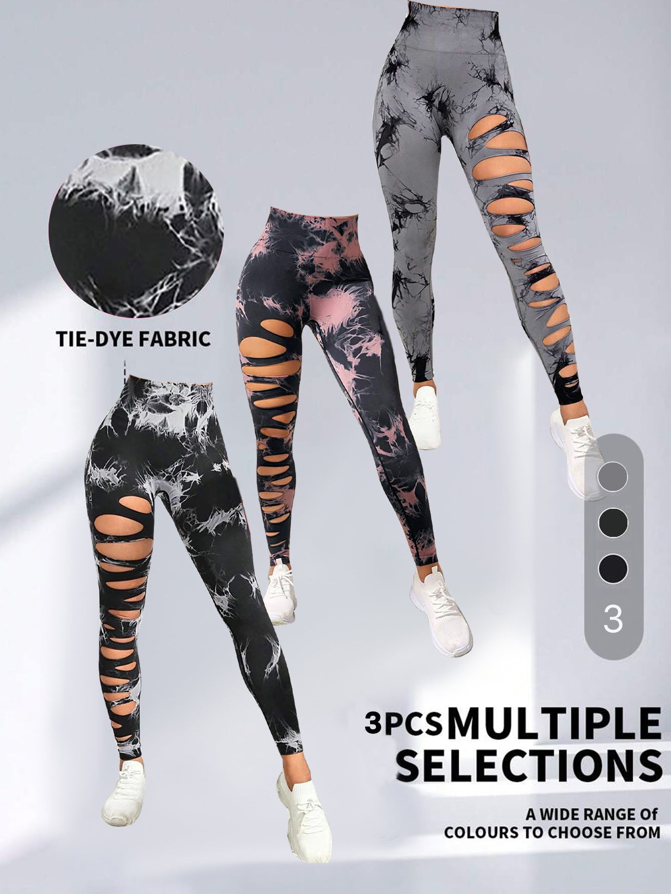 Shop 3 Pack Women's Tie Dye Cutout Skinny Leggings High Waist