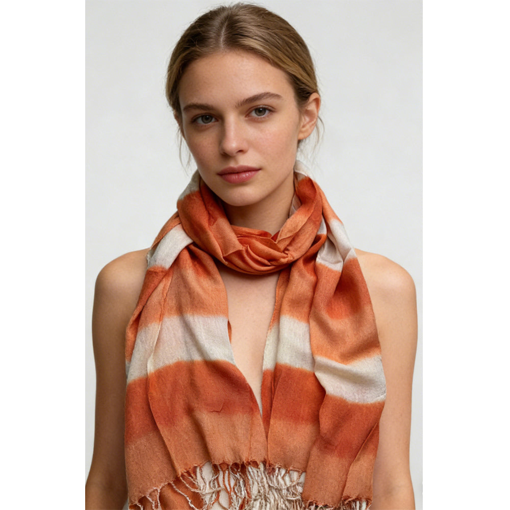 Shop 2pcs Coral Toned Abstract,Flowy Casual Scarf ,Orange Red Printed,Fringed Edges Women & Men