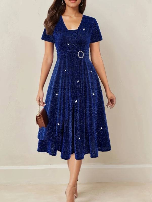 Shop Short Sleeve V-neck Cross Elegant Solid Color Rhinestone Dress Blue