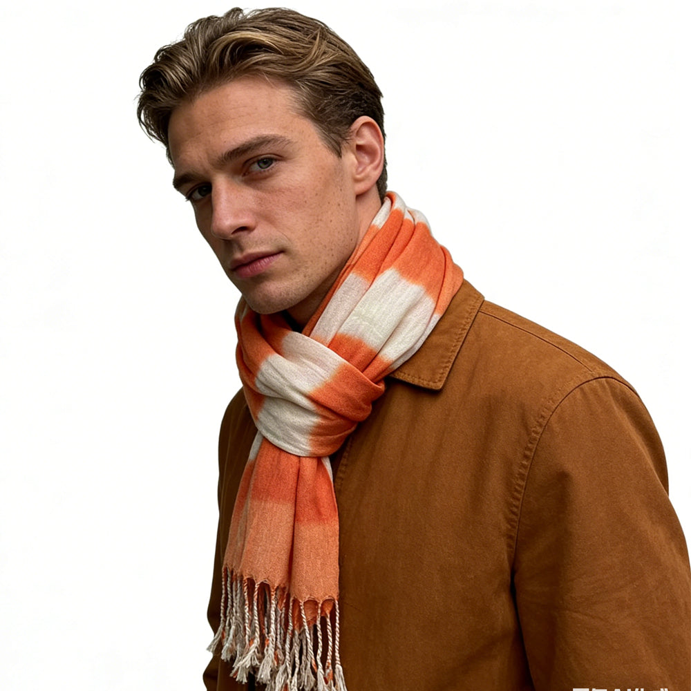 Shop 2pcs Coral Toned Abstract,Flowy Casual Scarf ,Orange Red Printed,Fringed Edges Women & Men