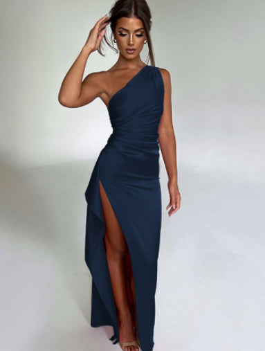 Shop One-shoulder Backless Satin Slit Dress