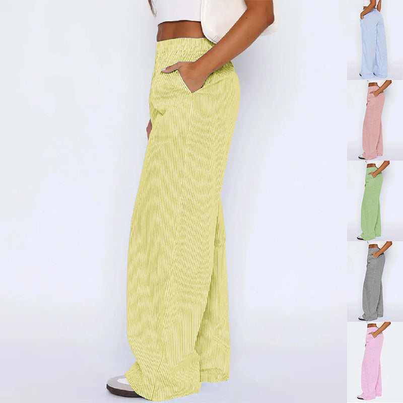Shop Striped Trousers With Pockets Casual Wide Leg Straight Pants For Women