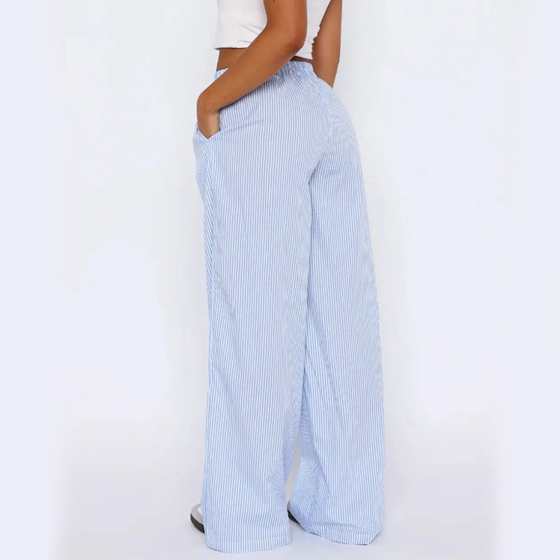Shop Striped Trousers With Pockets Casual Wide Leg Straight Pants For Women