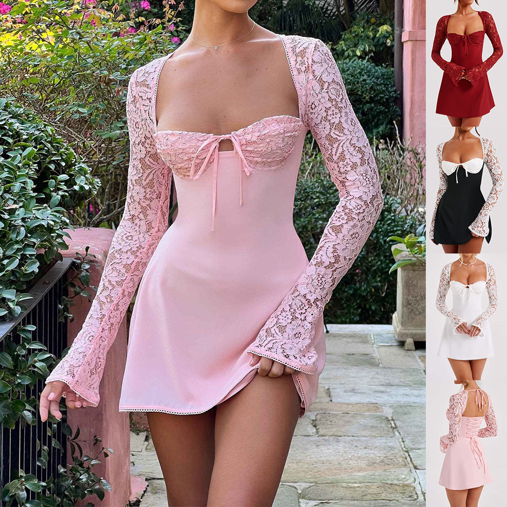 Shop Long Sleeve Backless Lace Up Short Dress
