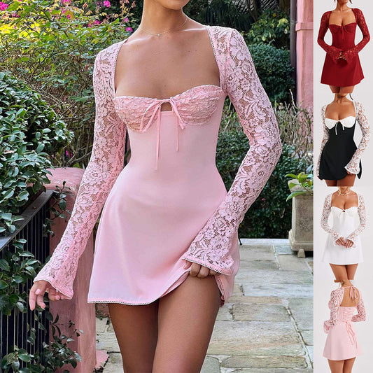 Shop Long Sleeve Backless Lace Up Short Dress