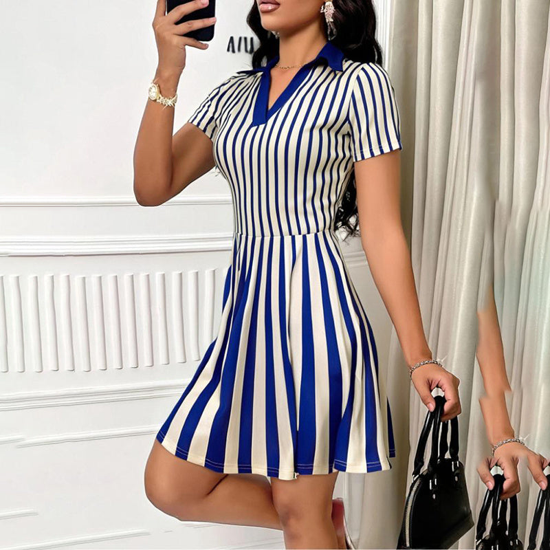 Shop Women's Polo Dress Elegant Striped V Neck Short Sleeve A Line Dresses