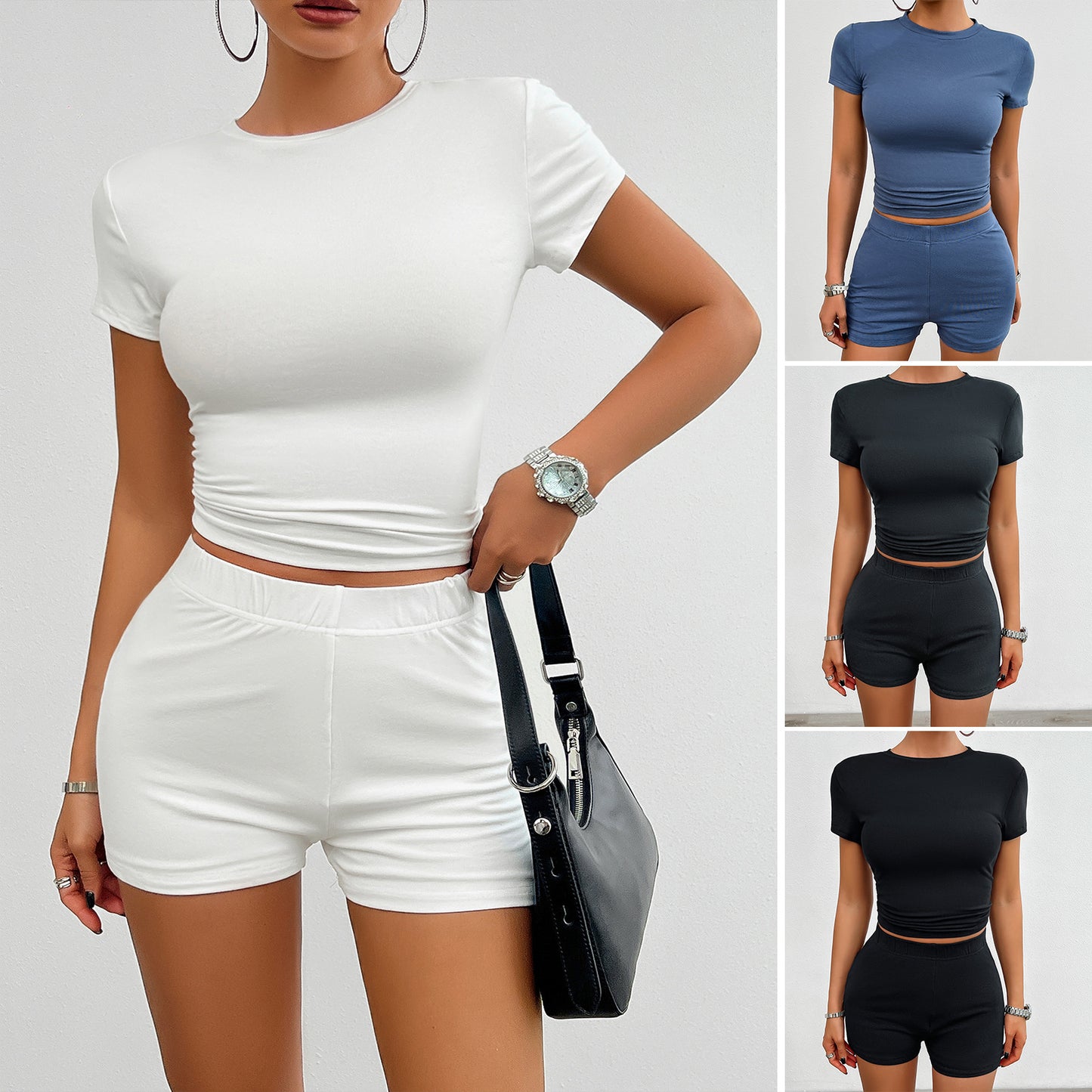 Shop Solid Color Slim Sports Suit 2Pcs Short-sleeved Round Neck T-shirt And Elastic Shorts Fashion Womens Clothing