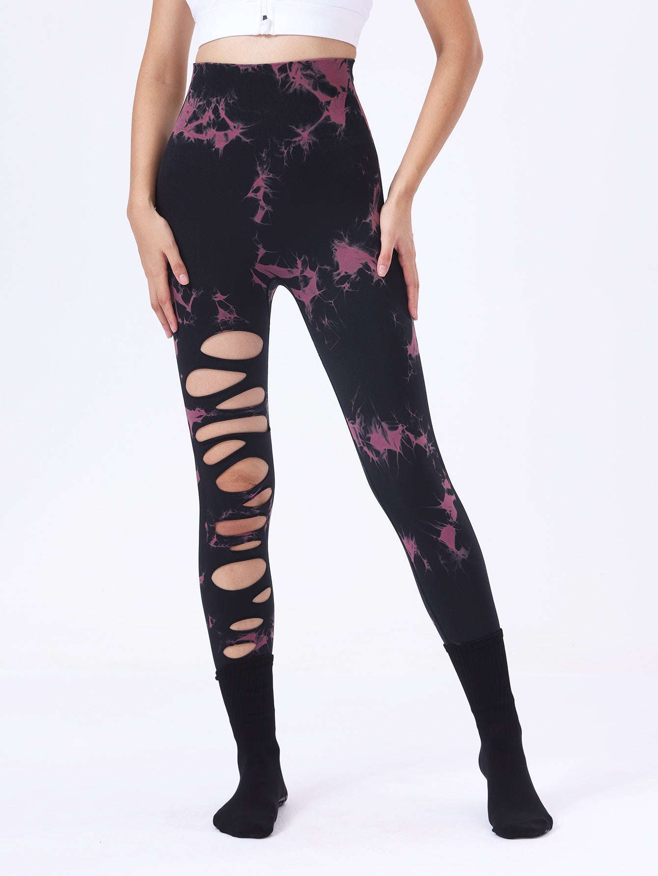 Shop 3 Pack Women's Tie Dye Cutout Skinny Leggings High Waist