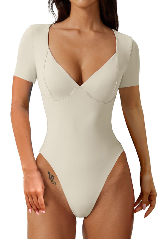 Shop Women's Short Sleeve Bodysuit V Neck Seamed Cup Going Out Tops