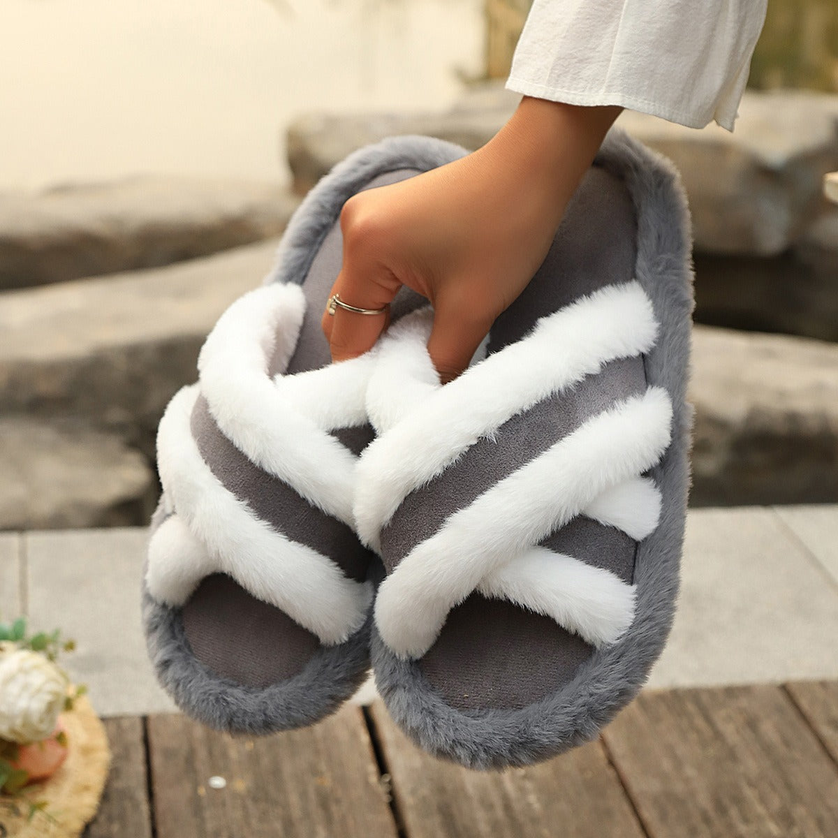 Shop Fluffy Slippers Cross Strap Stitching Warm Casual Platform Slippers