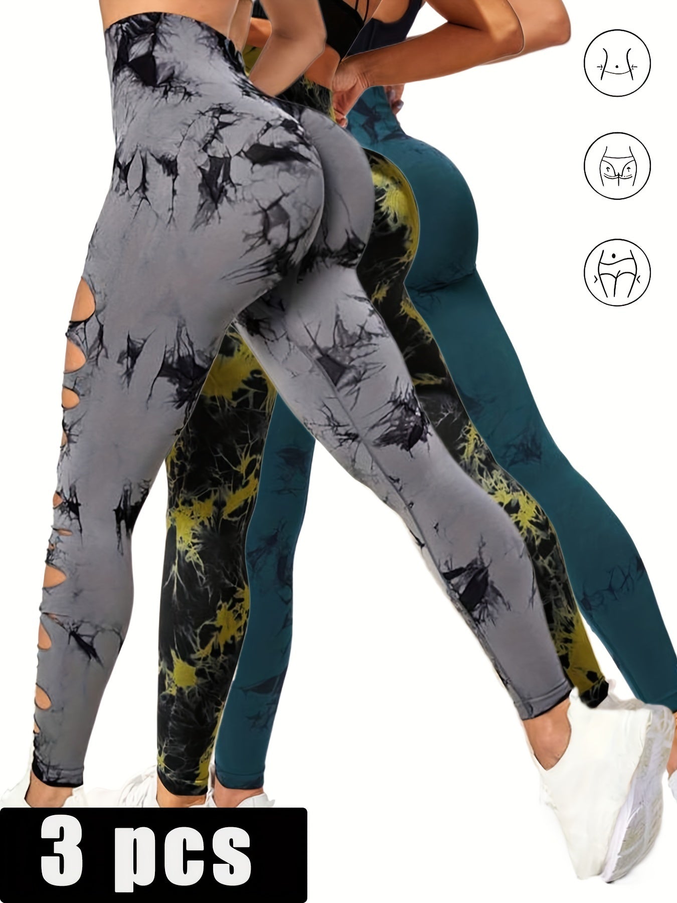 Shop 3 Pack Women's Tie Dye Cutout Skinny Leggings High Waist