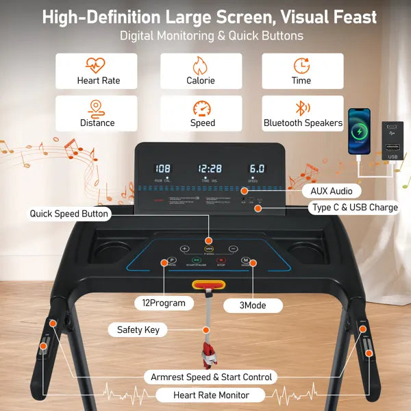 Shop Treadmill With Incline, Quiet Foldable For Home, Heart Rate Sensors,Type C & USB Charge Station, Bluetooth