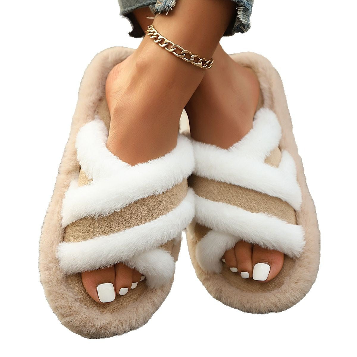 Shop Fluffy Slippers Cross Strap Stitching Warm Casual Platform Slippers