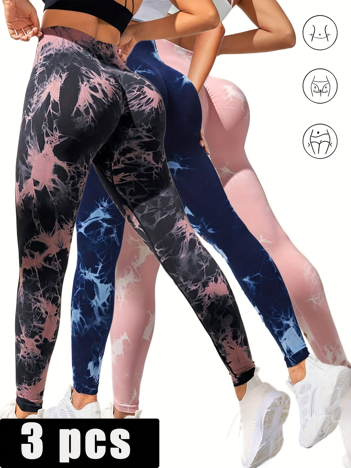 Shop 3 Pack Women's Tie Dye Cutout Skinny Leggings High Waist