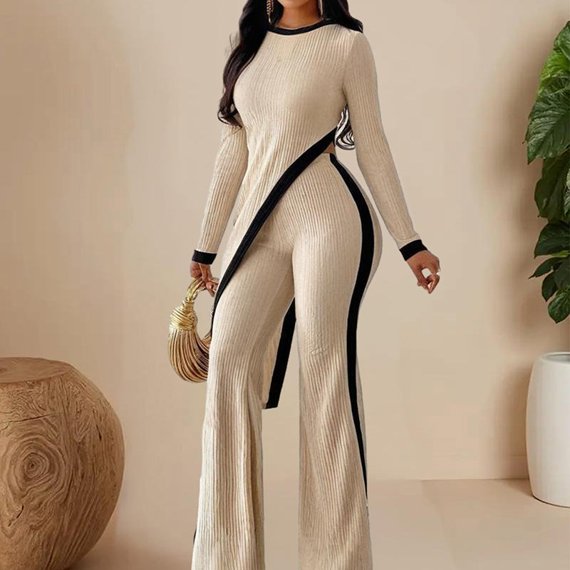 Shop Women's Elegant Round-neck Two-piece Long-sleeved Pants With Decorative Edges For Spring & Fall